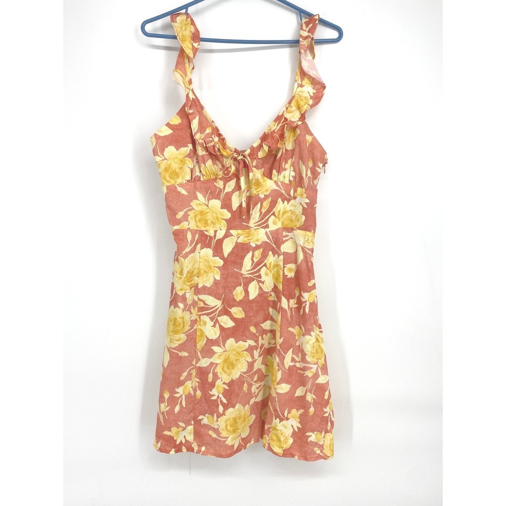 WAYF Women's Floral Linen Blend Mini Dress Coral Yellow - Size S‎
